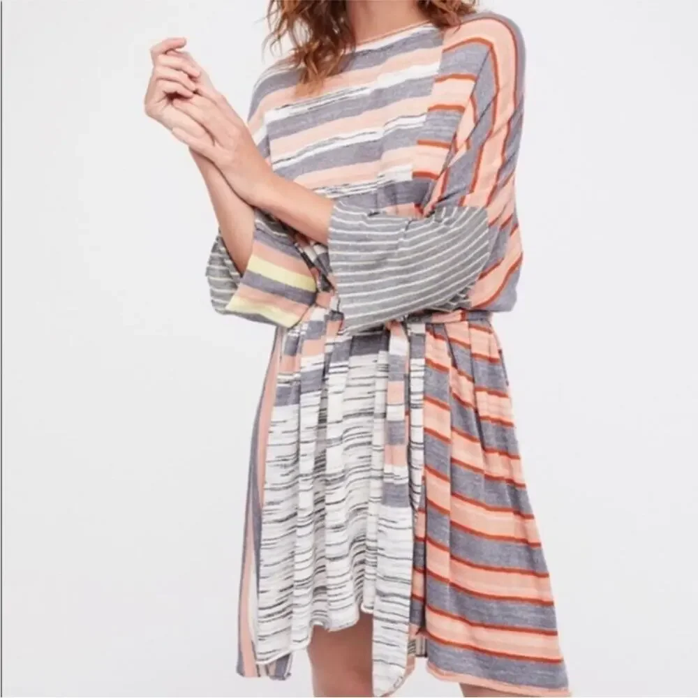 Free People Horizon‎ white blue orange mixed stripe belted knit dress size Small
